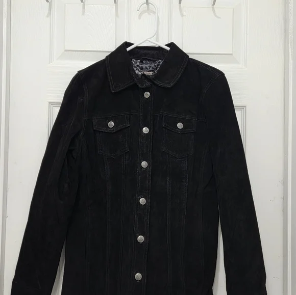 Dennis Basso Suede Leather Button Front Black Jacket Women’s Sz Small Washable - Picture 16 of 16